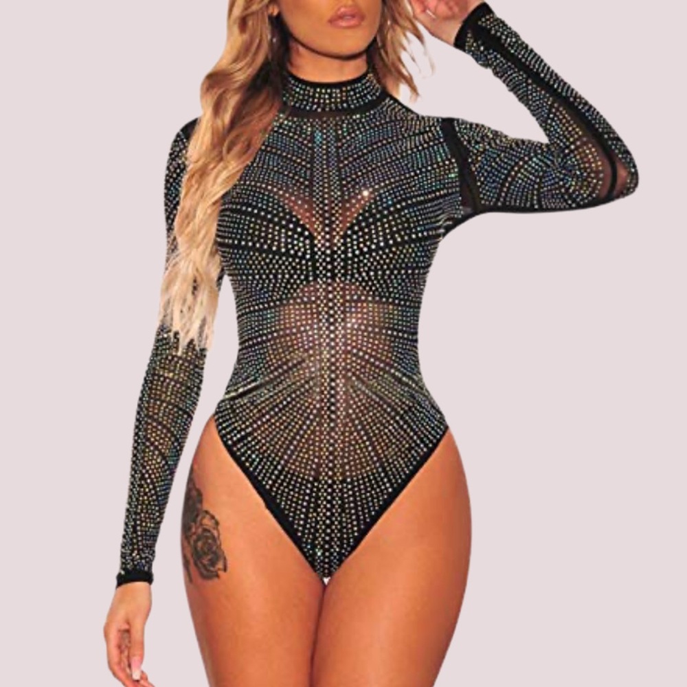 NWT Black Fully Rhinestone/Bedazzled Bodysuit - Med